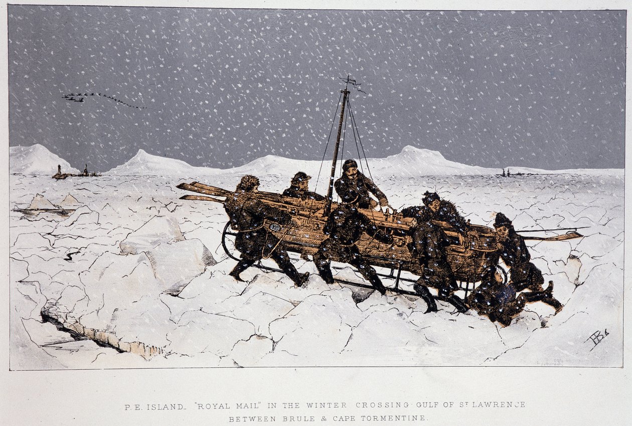 In der Nähe des Flusses, Golf von St. Lawrence: Boot auf einem Schlitten, nahe Brule und Cape Tormentin - in „Sketches of canadian sports and pastimes“ von Lieut. Henry Buckton Laurence von Unknown artist