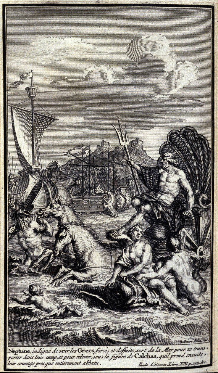 Neptun, empört über die Taten der Griechen, verlässt das Meer, um ihr Lager zu erreichen (Illustration aus Buch XIII der Ilias von Homer) von Unknown artist