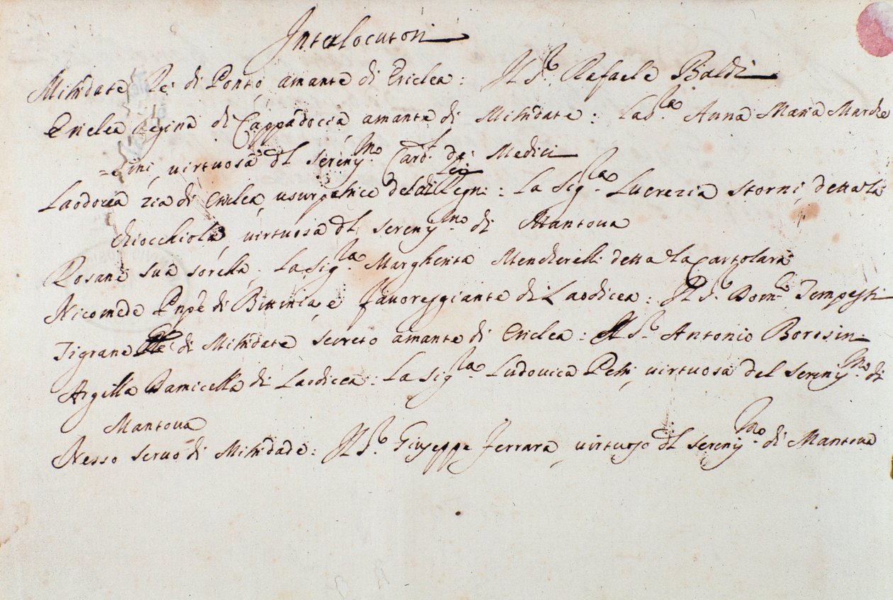 Notizen zur Inszenierung der Oper Mithridate von Giuseppe Aldrovandini (1706) von Unknown artist
