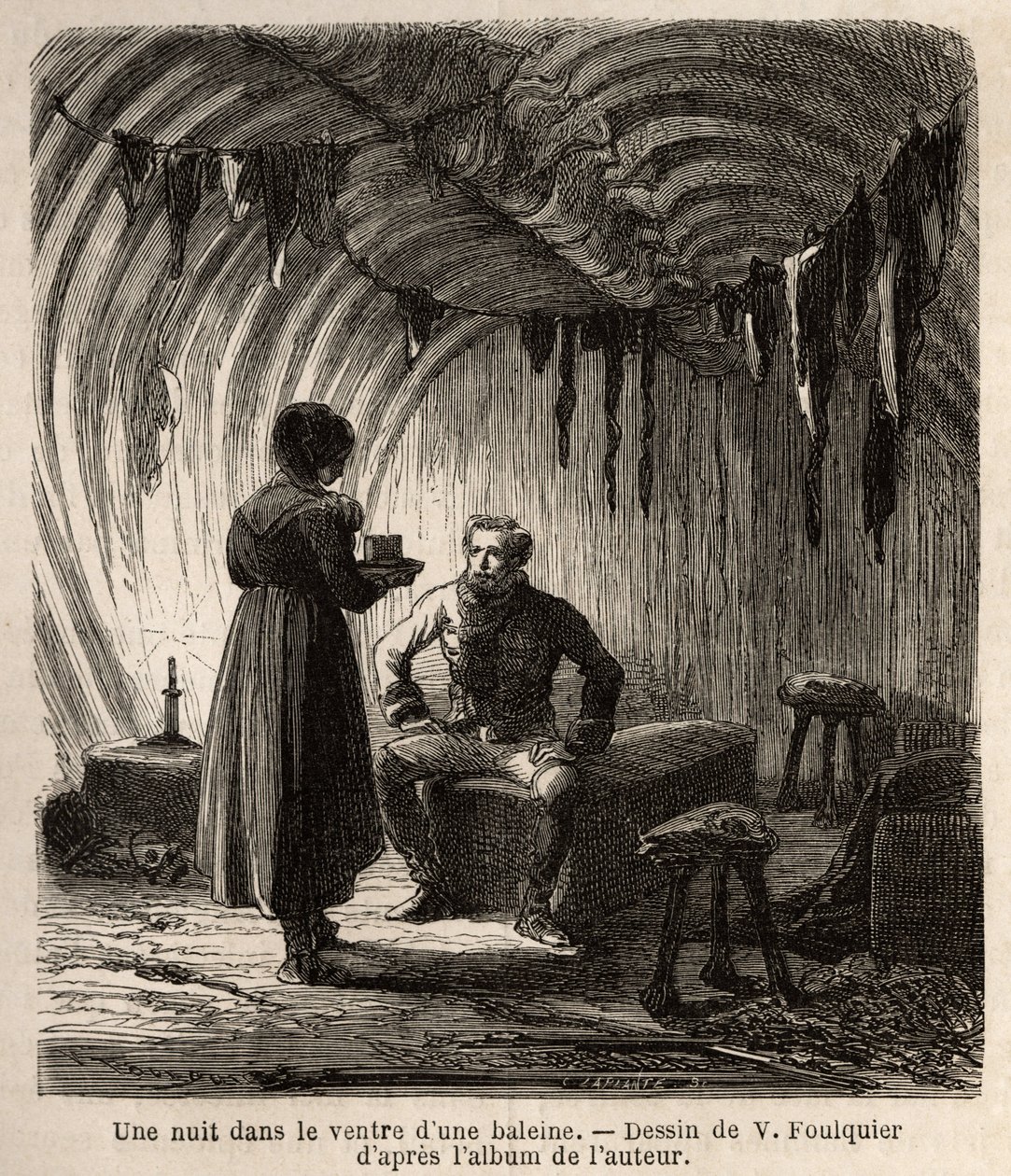 Eine Nacht im Bauch eines Wals, der Autor wird während seiner Reise in einem Boer, dem Zuhause von Fischern, empfangen, dessen Rahmen und Möbel aus dem Skelett des riesigen Wals und aus den Häuten von Robben, Pferden und Hunden bestehen. Illustration der R von Unknown artist