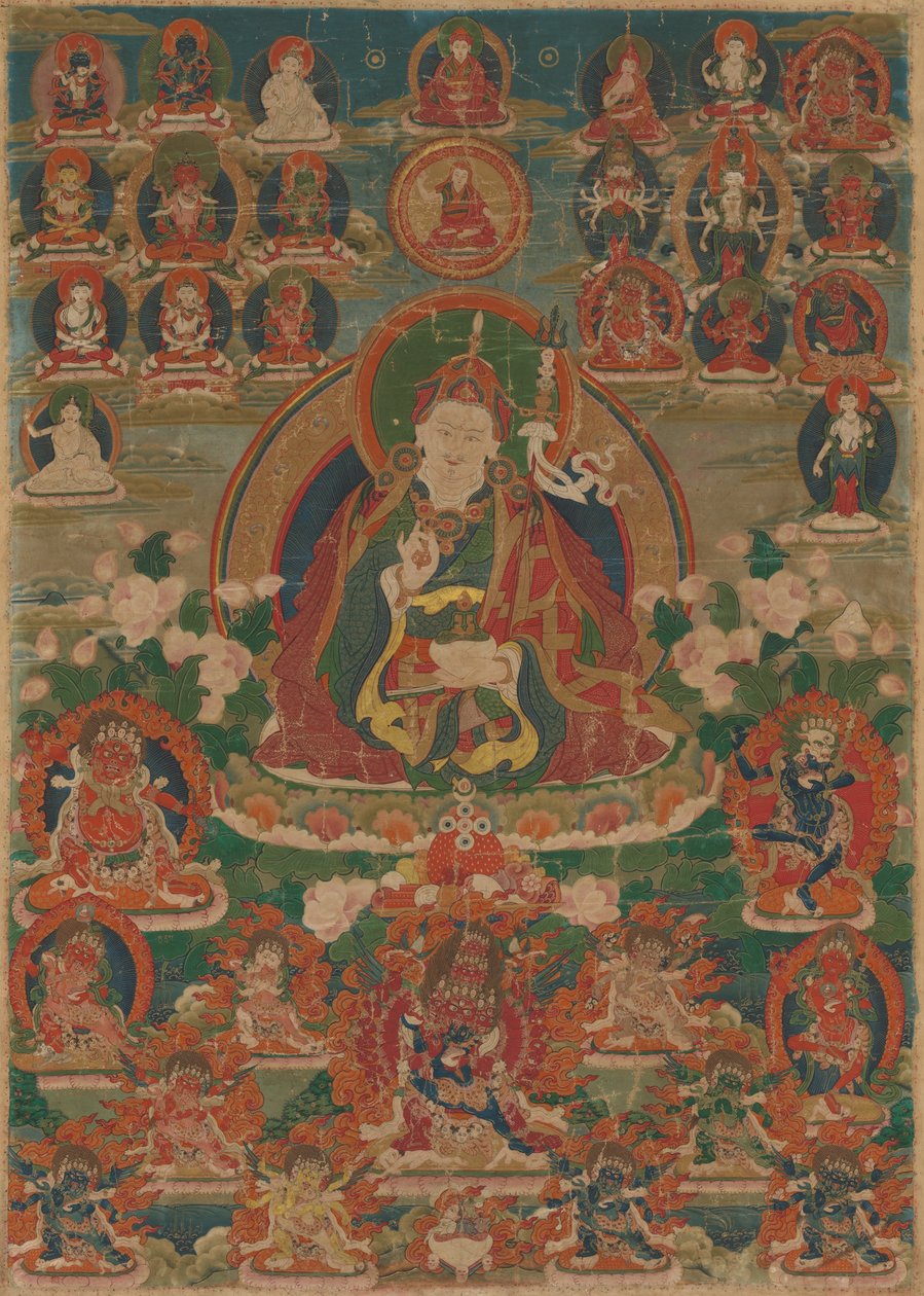 Gemaltes Banner (Thangka) des Weisen Guru Padmasambhava, sitzend mit Donnerkeil (Vajra) und Totenschädel-Schale (Kapala) von Unknown artist