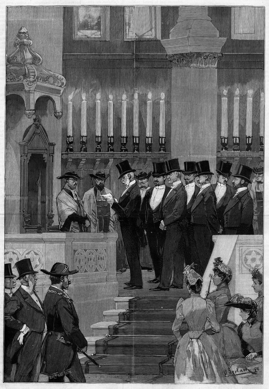 Paris 1890: Installation von Zadoc Kahn (Zadoc-Kahn) (1839-1905), Großrabbiner von Frankreich. Herr Alphonse de Rothschild (1827-1905) liest die Ernennungsurkunde vor von Unknown artist