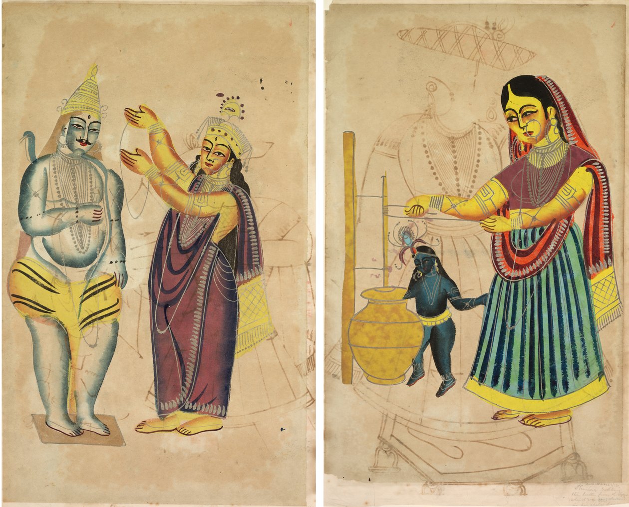 Parvati legt Shiva einen Hochzeitskranz um; Yasoda beim Butterrühren von Unknown artist