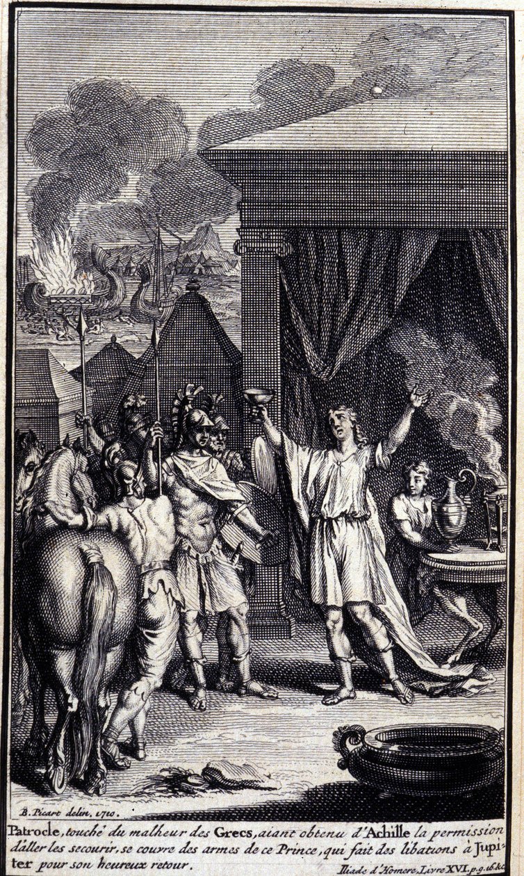 Patroklos, berührt vom Unglück der Griechen, erhält die Erlaubnis von Achilles, sie zu retten, und bedeckt sich mit den Waffen dieses Prinzen, der Jupiter für seine glückliche Rückkehr Libationen darbringt. Illustration aus Buch XVI der Ilias von Unknown artist