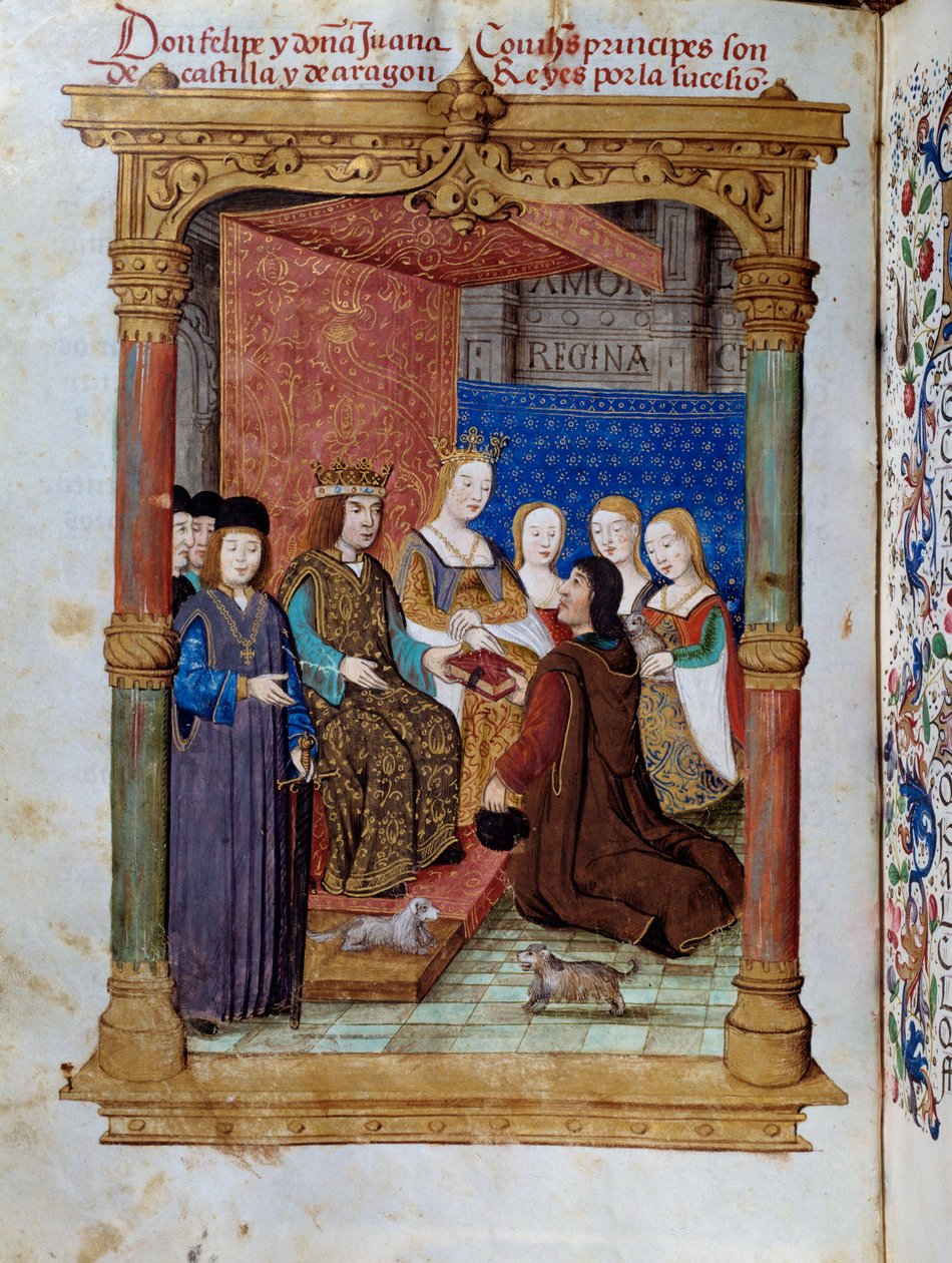 Pedro Marcuello präsentiert sein Buch König Philipp I. von Habsburg und Königin Johanna I. von Kastilien. Miniatur in „Devocionario de la Reyna Da Juana a Quien Llamaron la Loca“ von Pedro Marcuello von Unknown artist