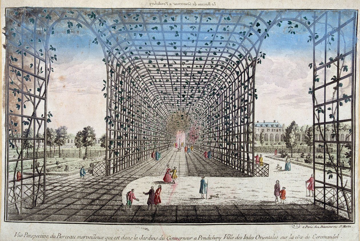 Perspektivische Ansicht der wunderbaren Wiege im Garten des Gouverneurs in Pondichery (Pondicherry), Stadt der Ostindien an der Küste von Coromandel - Gravur von Unknown artist