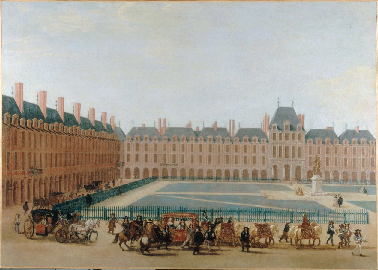 Place Royale, um 1660; Durchfahrt der Kutsche des Königs. Heutiger Place des Vosges, 4. Arrondissement, um 1655-1665 von Unknown artist