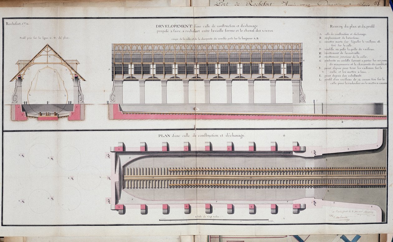 Plan eines Gebäudes und Grundriss des Hafens von Rochefort von Unknown artist