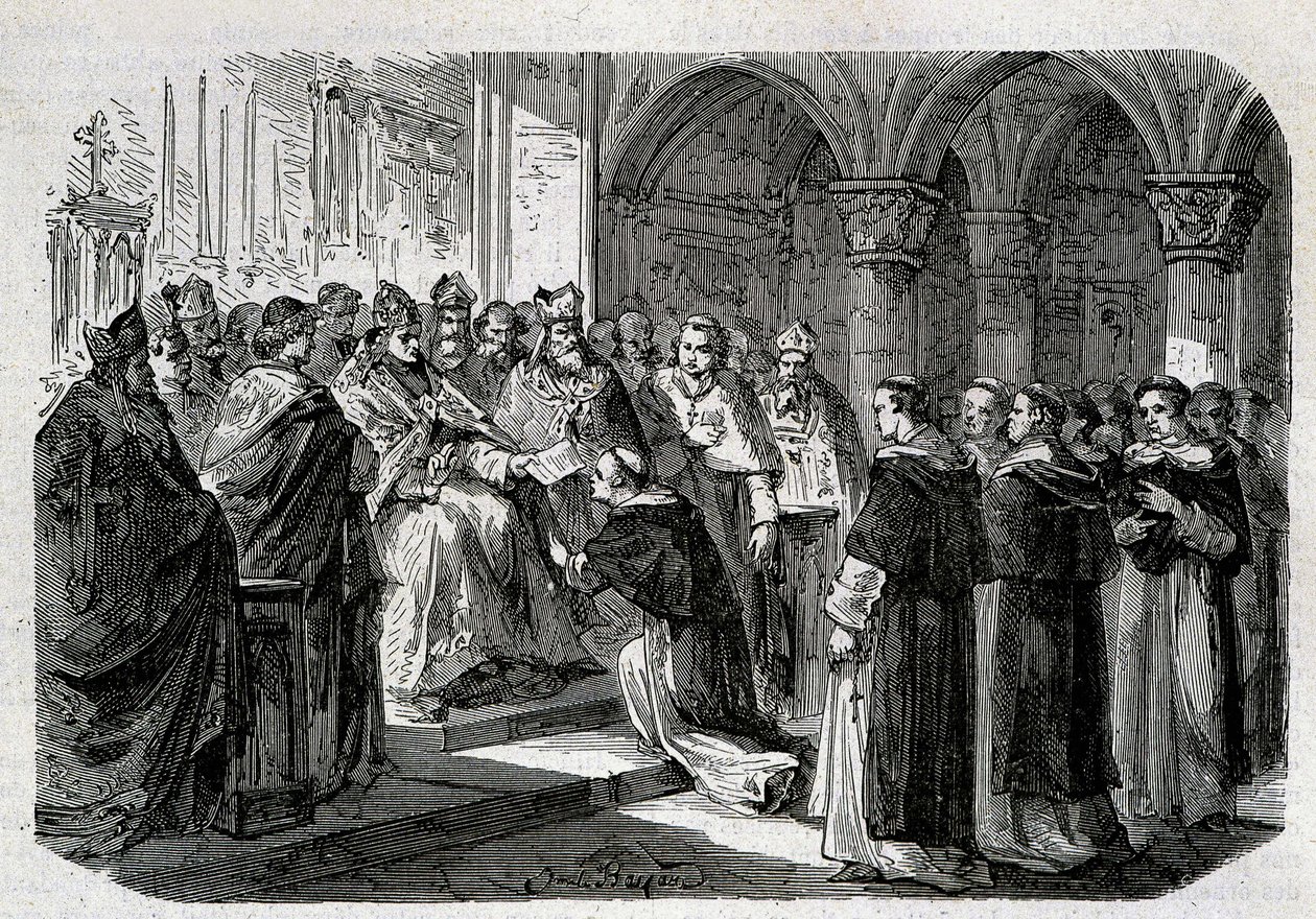 Papst Adrian II. (792-872) übergab einem seiner Legaten eine Exkommunikationsbulle gegen Lord Normand. Gravur - in „Geschichte der Päpste“, sd. 19. Jahrhundert von Unknown artist