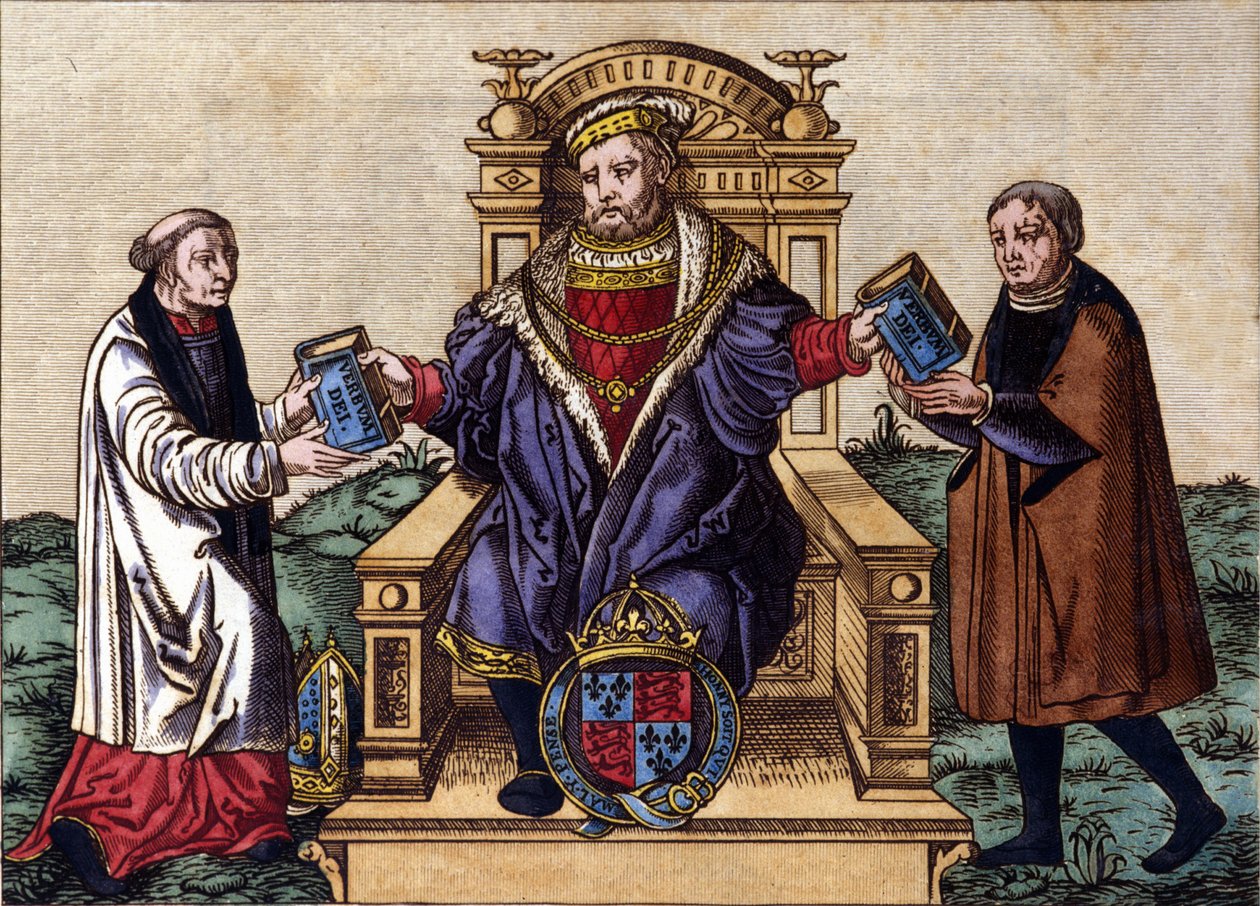 Porträt von König Heinrich VIII. von England (1491 - 1547) auf seinem Thron, die Bibel an zwei Höflinge überreichend. Kolorierte Gravur von Unknown artist
