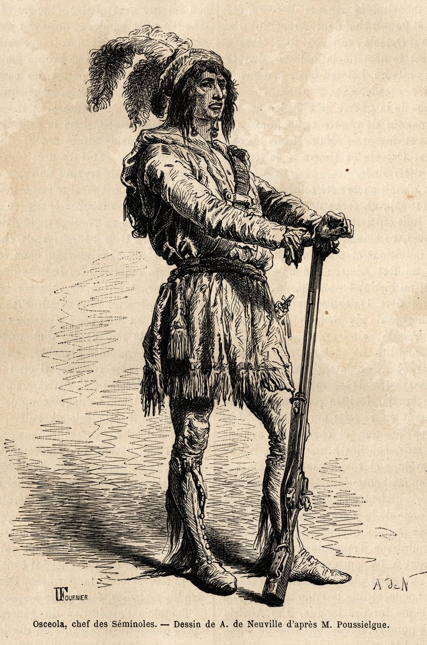 Porträt von Osceola (1804-1838), Anführer der Seminolen, an der Spitze des indianischen Widerstands gegen die Vereinigten Staaten während des Florida-Krieges (1835-1842). Gravur zur Illustration der Geschichte vier Monate in Florida, von Achille Pousselgue von Unknown artist