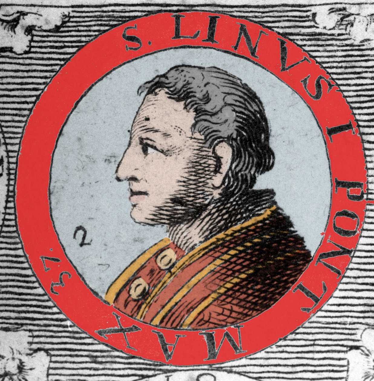 Porträt von Papst Linus (Linus, San Lino), Bischof von Rom und Nachfolger von Petrus. 1. Jahrhundert. Gravur des 19. Jahrhunderts von Unknown artist