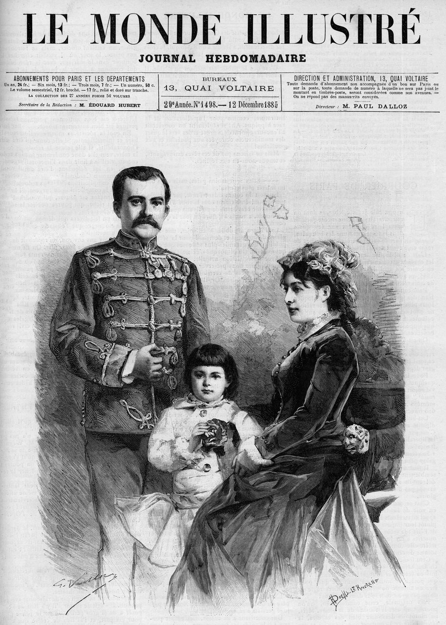 Porträt des Königs von Serbien Milan I. (Milan Obrenovich) (1854-1901), umgeben von Königin Nathalie und ihrem Thronfolger Prinz Alexander, in „The Illustrous World 1885“ von Unknown artist