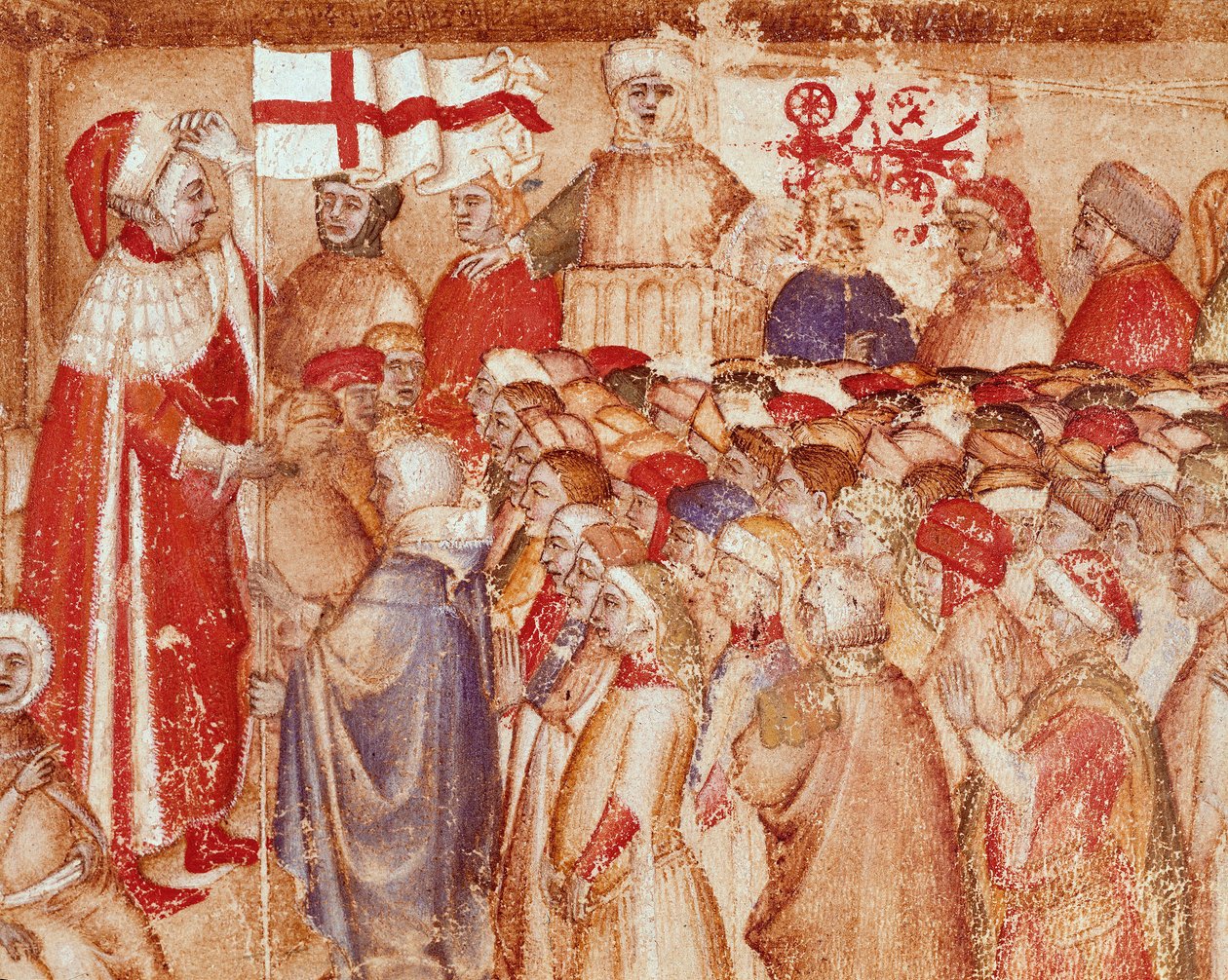 Übergabe der Militärflagge an einen Prinzen der Familie der Carraresi, Herren der Stadt Padua. Miniatur aus „Chronica Carrariensibus“ von Unknown artist
