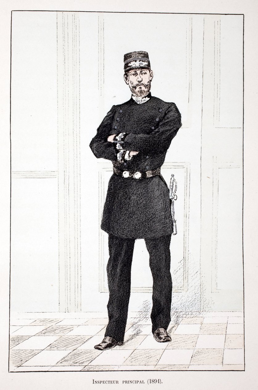 Hauptinspektor (1894). Farbradierung zur Illustration „Histoire du corps des gardiens de la paix“, Buch veröffentlicht unter der Schirmherrschaft von Louis Lepine (1846-1933), Polizeipräfekt der Seine, von Alfred Rey (1864-?) und Louis Feron (1862-?). von Unknown artist