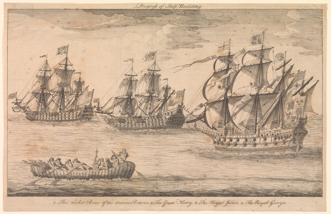 Fortschritt des Schiffbaus. 1. Das Weidenboot der alten Briten 2. Die Great Harry 3. Die Royal James 4. Die Royal George von Unknown artist