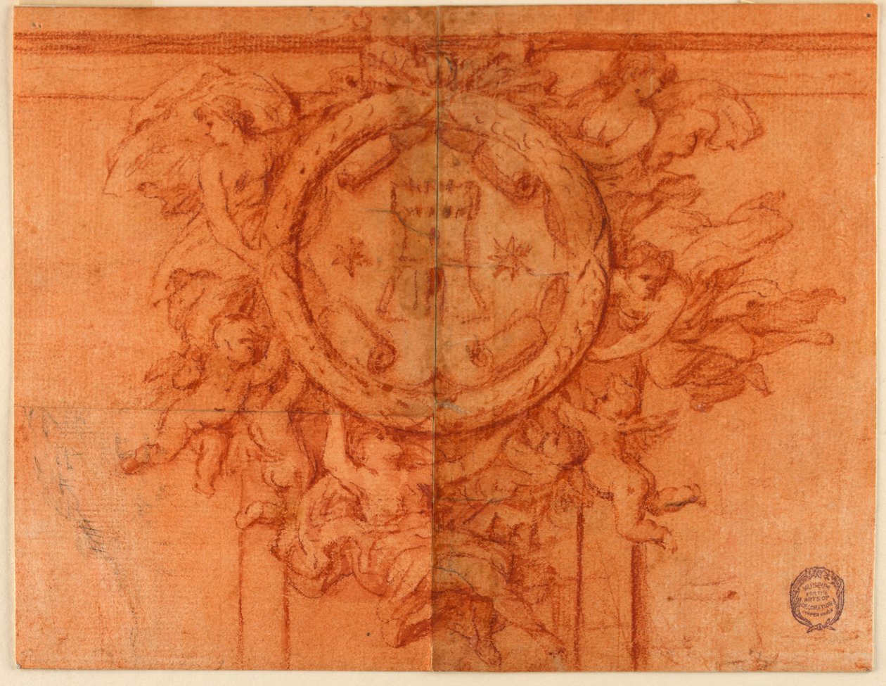 Entwurf für eine Wanddekoration (weibliche Figuren und Putti stützen ein rundes Medaillon mit Wappen) von Unknown artist