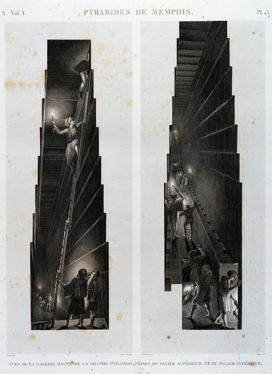 Pyramiden von Memphis: Ansicht der oberen Galerie der Großen Pyramide, aus der oberen und unteren Lagerung - in „Beschreibung von Ägypten“, Kaiserliche Ausgaben von Unknown artist