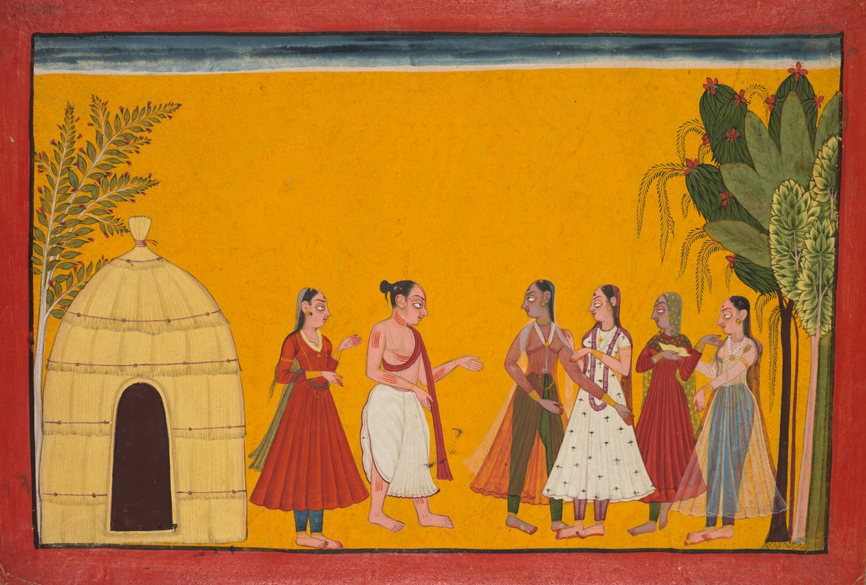 Rama und Sita werden zum Priester gebracht, um das Hochzeitsdatum festzulegen; Seite aus dem Ramayana (Geschichten von Gott Rama) von Unknown artist
