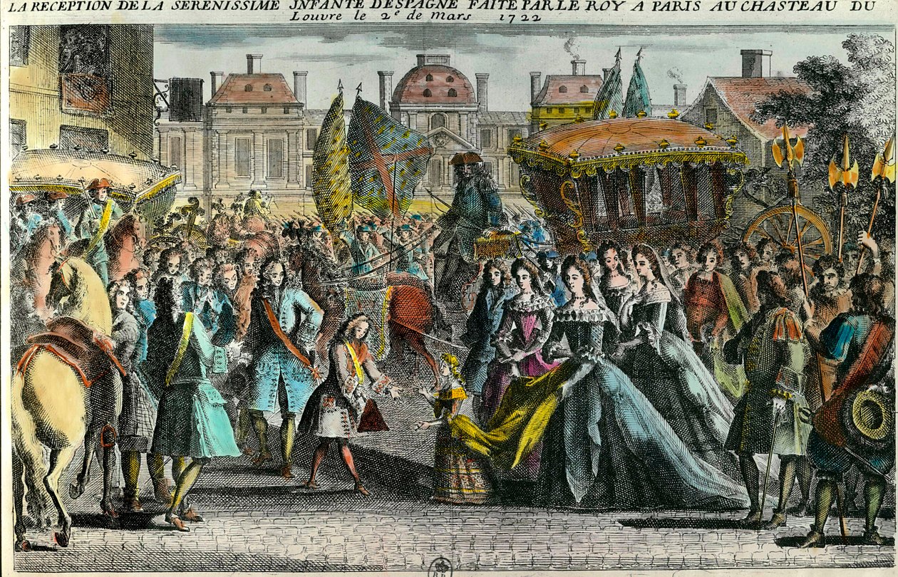 Empfang der Infantin von Spanien Marie Anne Victoire durch König Ludwig XV. im Louvre am 2. März 1722. Gravur aus dem 18. Jahrhundert von Unknown artist