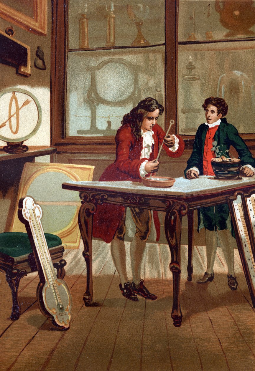 René Antoine Ferchault de Réaumur (1683-1757), französischer Chemiker und Physiker, baut sein Thermometer im Jahr 1730. Nach „La Ciencia y sus Hombres“ von Louis Figuier, Barcelona 1881 von Unknown artist