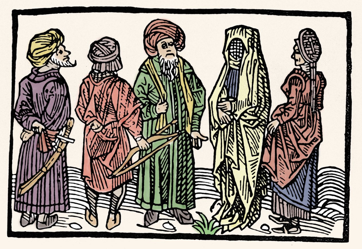 Darstellung von Buchweizen. Männer mit Armen mit verschlungenen Köpfen und verschleierte Frauen. Xylographie aus dem 15. Jahrhundert von Unknown artist