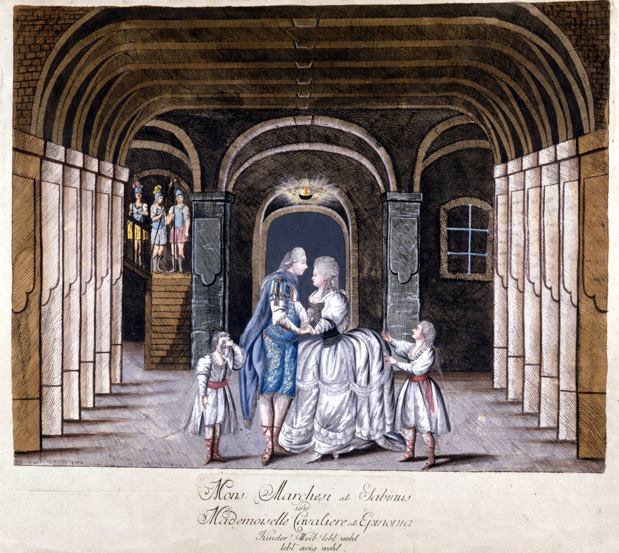 Darstellung der Oper „Giulio Sabino“ von Giuseppe Sarti (1729-1802) in Wien 1785. Auf der Bühne Caterina (Katharina) Cavalieri und der Kastrat Luigi Marchesi. Mailand von Unknown artist