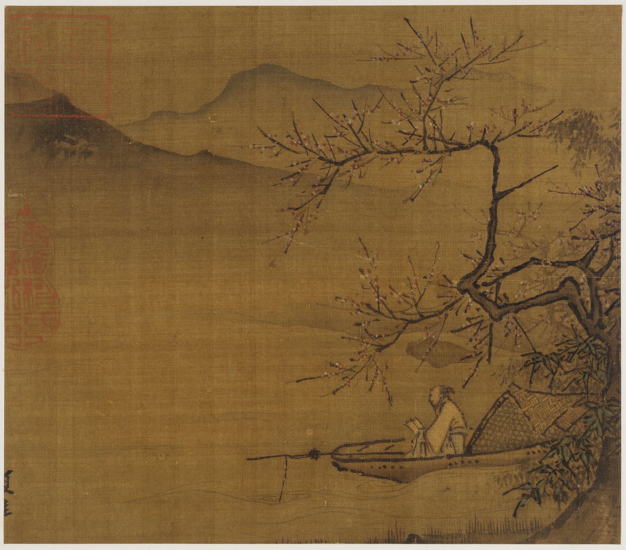 Flusslandschaft: ein Mann liest in einem unter einem blühenden Baum vertäuten Boot von Unknown artist