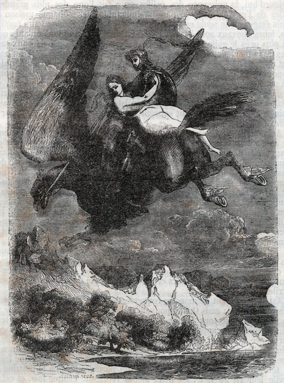 Roger und Angelique auf dem Hippogreif - Gravur von 1851 aus „Roland furieux“ (Orlando furioso) (16. Jahrhundert) von Ludovico Ariosto, bekannt als Ariosto - Ausgabe übersetzt aus dem Italienischen von Graf von Tressan und veröffentlicht von Gustave Harvar von Unknown artist