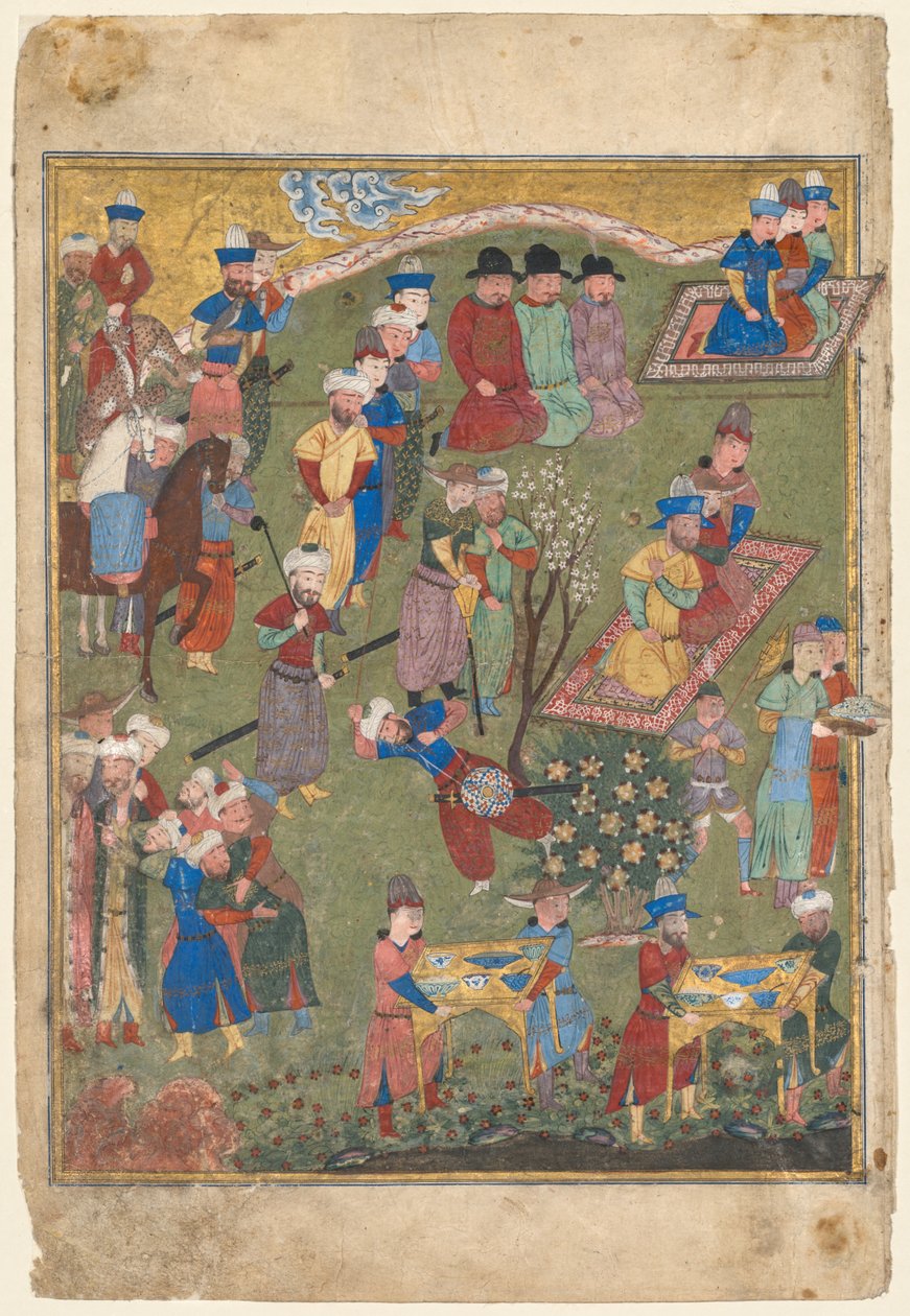 Königlicher Empfang in einer Landschaft, linkes Folio aus dem Doppel-Frontispiz eines Shahnama (Buch der Könige) von Firdausi (Persisch, ca. 940–1019 oder 1025) von Unknown artist