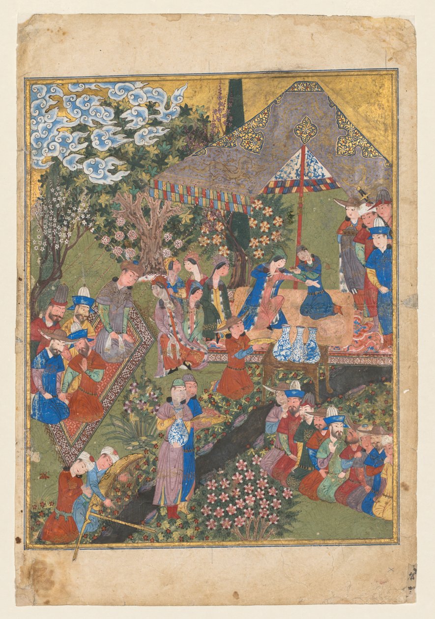 Königlicher Empfang in einer Landschaft, rechtes Folioblatt aus dem doppelten Frontispiz eines Shahnama (Buch der Könige) von Firdausi (Persisch, ca. 940–1019 oder 1025) (verso) von Unknown artist