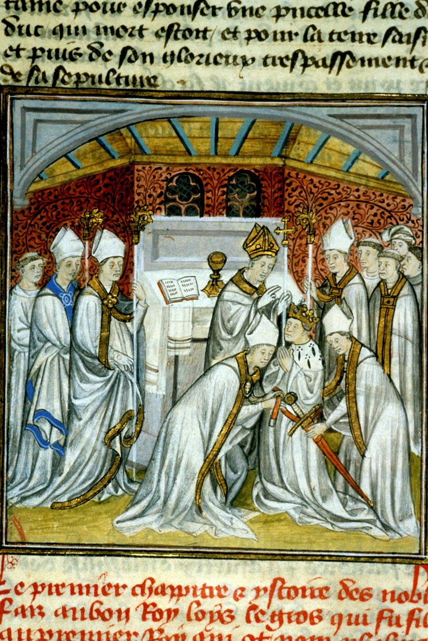 Krönung von Ludwig VI. (1108) - Illumination eines Manuskripts auf Pergament aus dem Mittelalter, „Große Chroniken von Saint-Denis“, Ende des 14. Jahrhunderts von Unknown artist