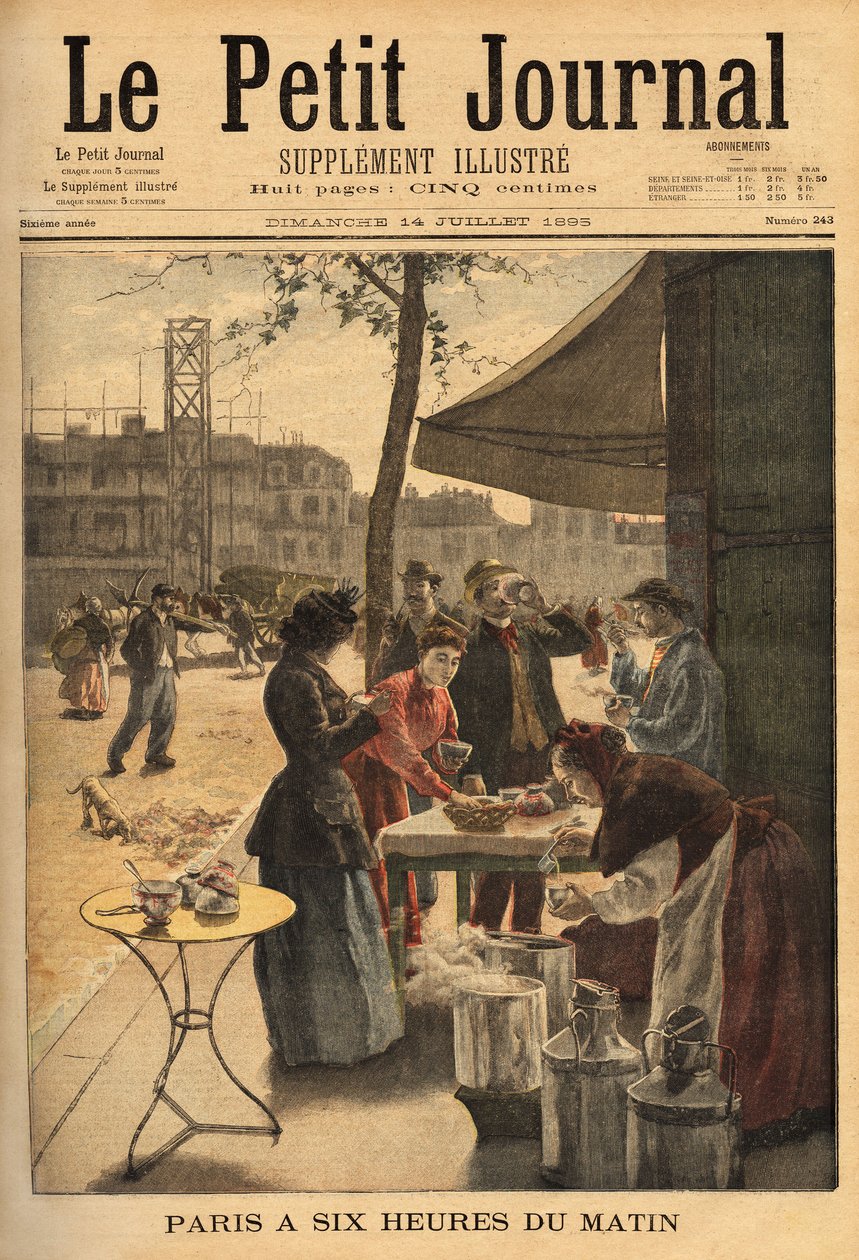 Verkäuferin von Suppe und Milchkaffee, gehalten unter den Kutschentoren um 6 Uhr morgens für das Frühstück im Freien der Pariser Arbeiter von Unknown artist