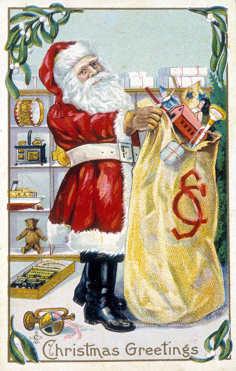Weihnachtsmann bereitet Geschenke vor - Weihnachtskarte. Amerikanische Grußkarte, späte 19. Jahrhundert. von Unknown artist