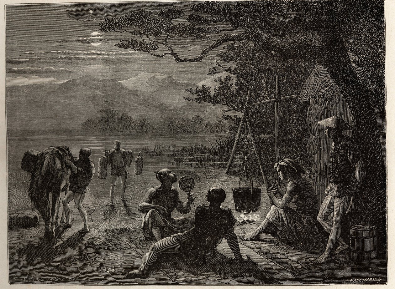 Ruhepause auf dem Land, im Mondlicht, Matten werden nach dem Arbeitstag auf dem Boden aufgestellt. Gravur zur Illustration der Reise nach Japan in den Jahren 1863-1864 von Aimé Humbert, Minister der Schweizerischen Eidgenossenschaft, in „Le tour du monde,  von Unknown artist
