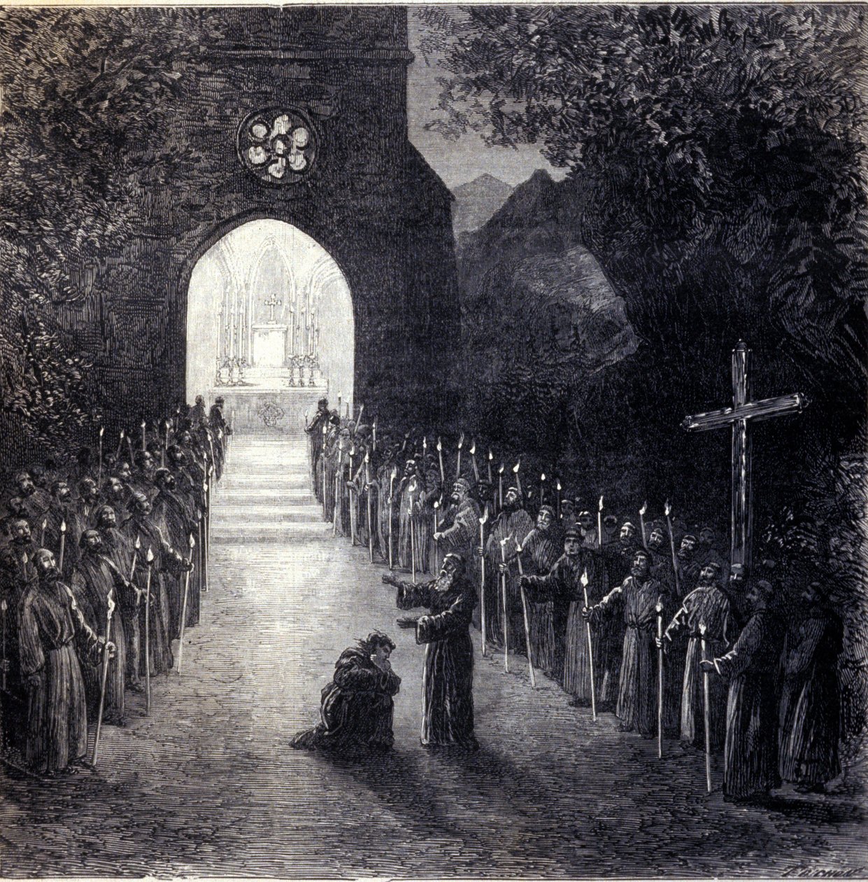 Szenografie für die letzte Szene des zweiten Akts der Oper „La forza del destino“ von Giuseppe Verdi für die Aufführung an der Pariser Oper von Unknown artist
