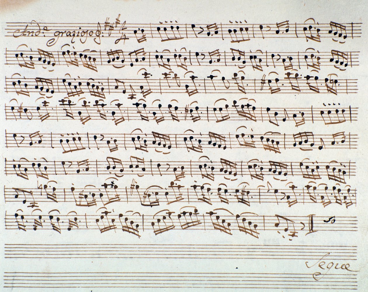 Notenseite für die erste Violine in der Ouvertüre von Mithridate, König von Pontus, Oper von Mozart (1770) von Unknown artist