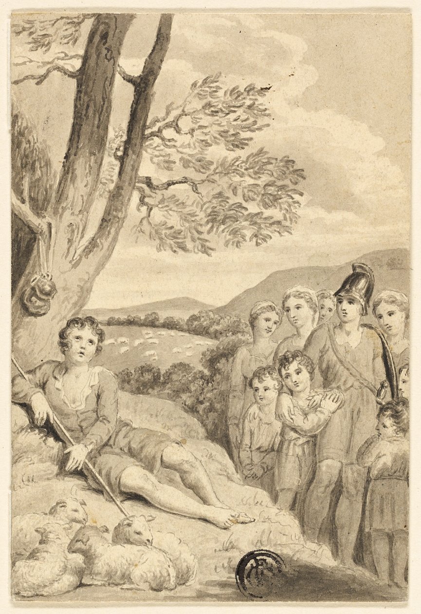 Hirtenjunge mit Herde, beobachtet von Krieger, Frauen und Kindern von Unknown artist