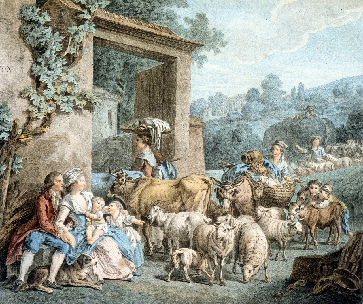 Hirten und Schafherde vor einem Bauernhof von Unknown artist