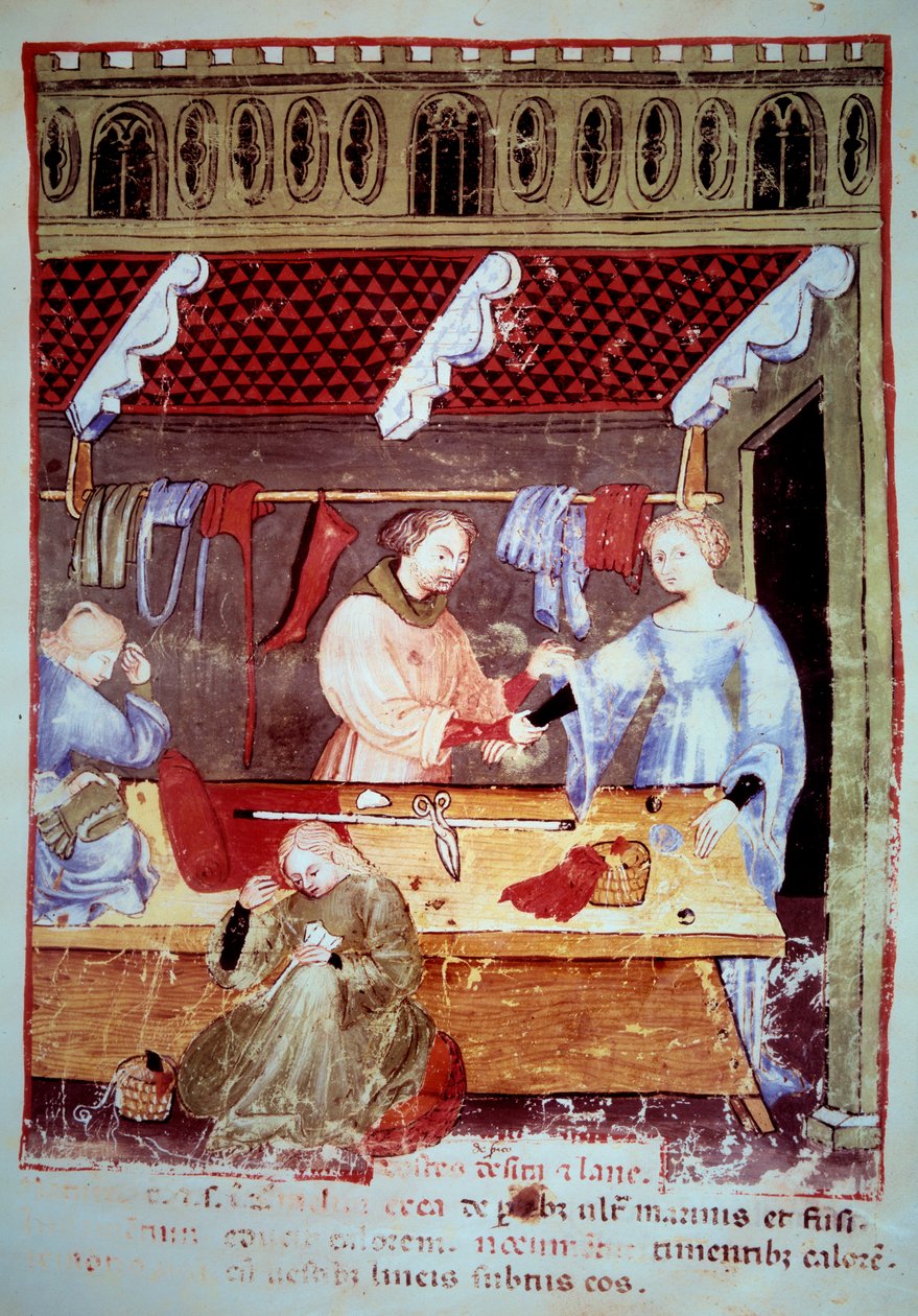 Laden und Nähwerkstatt. Illustration aus dem Tacuinum sanitatis von Unknown artist