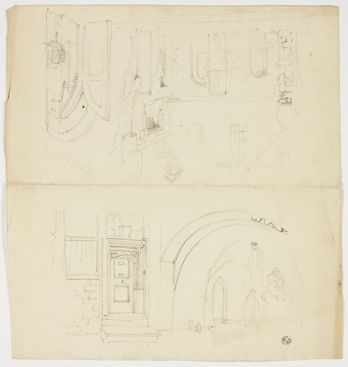 Skizzen von Türöffnung, Figuren, Gebäude mit Seiteneingang zur Kirche (recto); Skizze eines Turms (verso) von Unknown artist