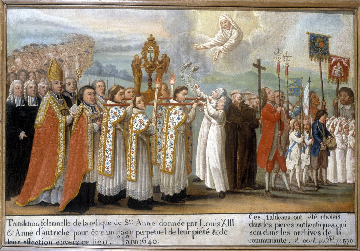 Feierliche Übertragung der Reliquie der Heiligen Anna, geschenkt von Ludwig XIII. und Anna von Österreich als ewiges Zeichen ihrer Frömmigkeit und Zuneigung zu diesem Ort, im Jahr 1640 - Ex-Voto von Sainte-Anne d