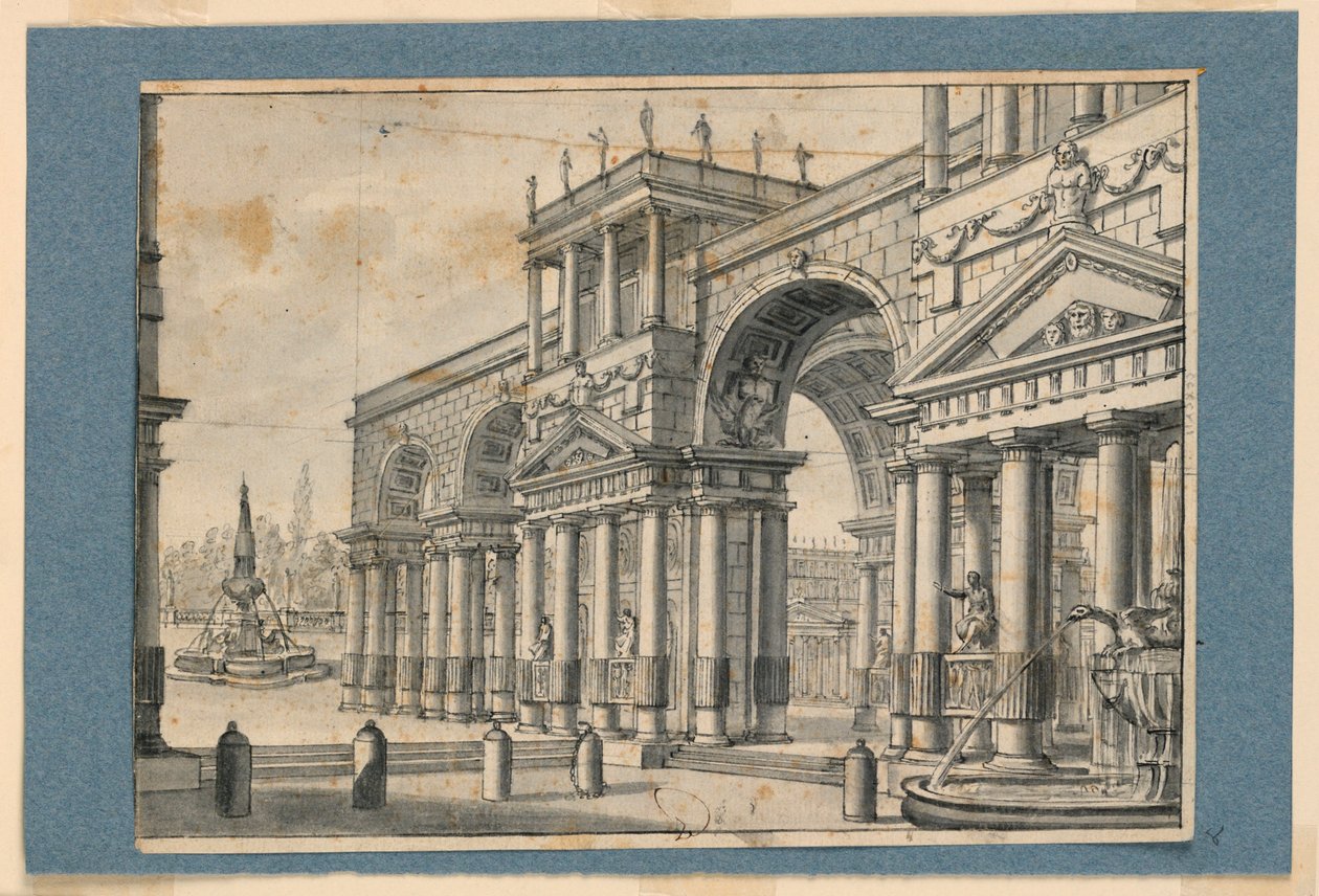 Bühnenbild, Kolonnade und Brunnen von Unknown artist