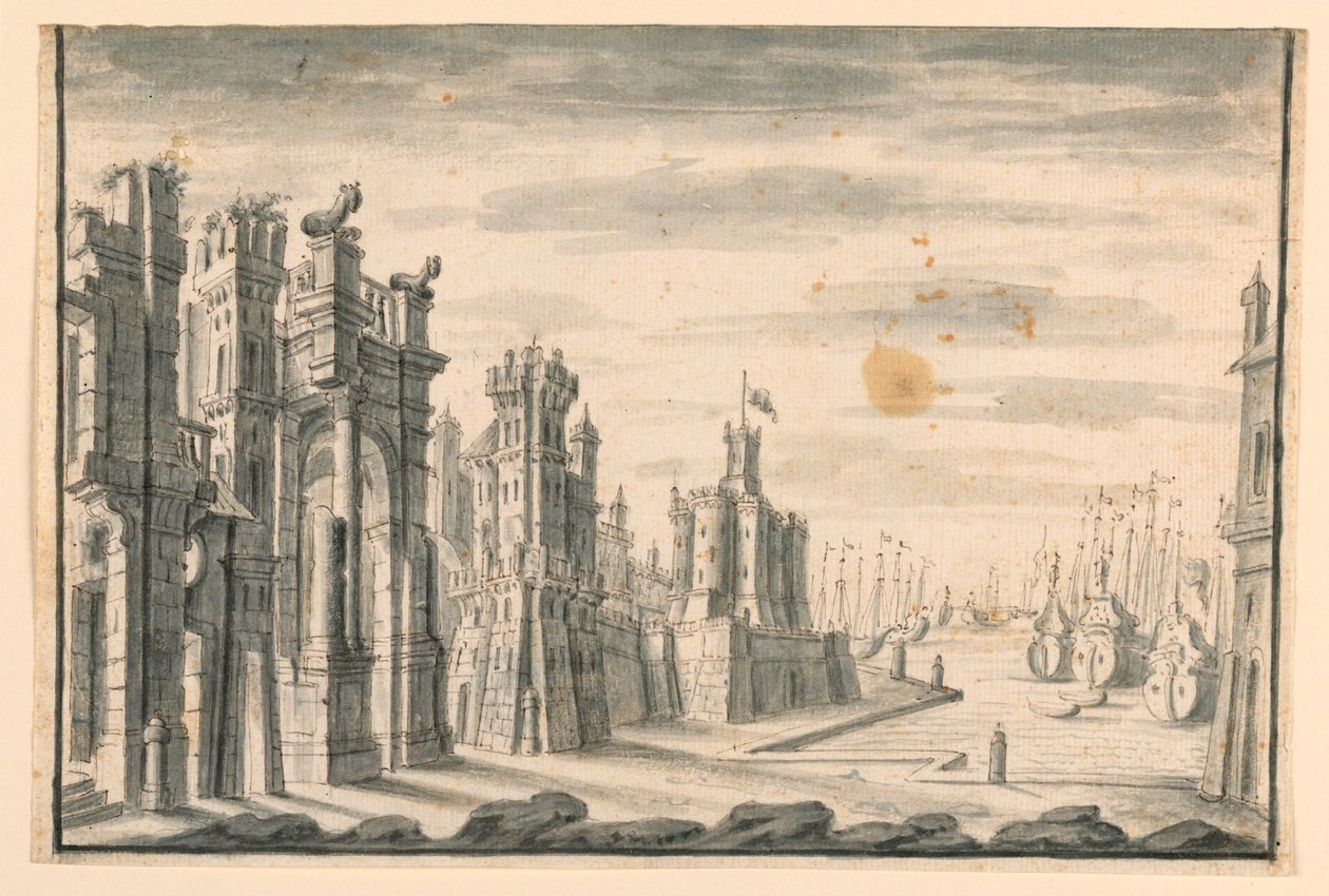Bühnenbild, Blick auf Stadt und Hafen von Unknown artist