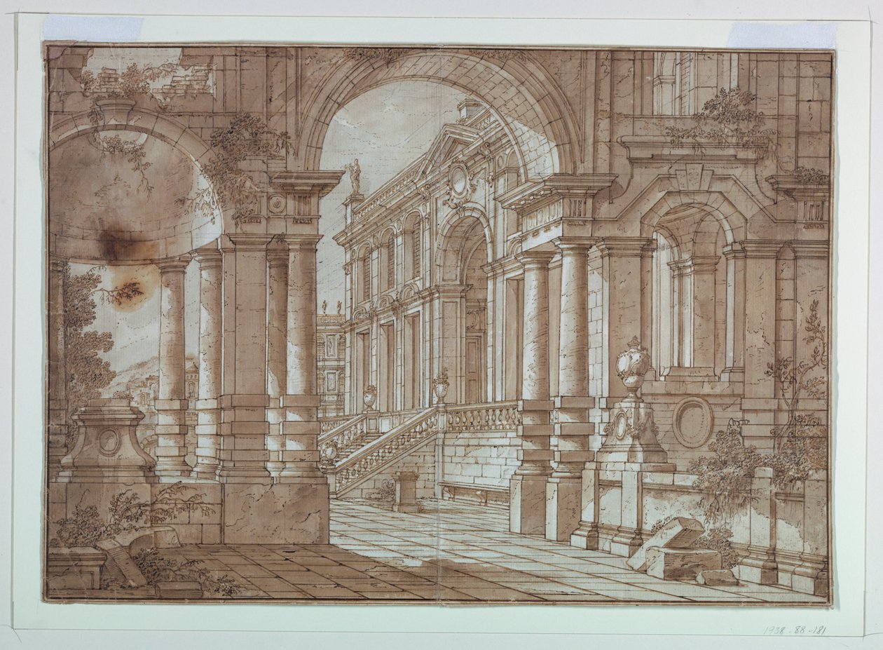 Bühnenbild, Blick auf einen Palast von einer Terrasse von Unknown artist