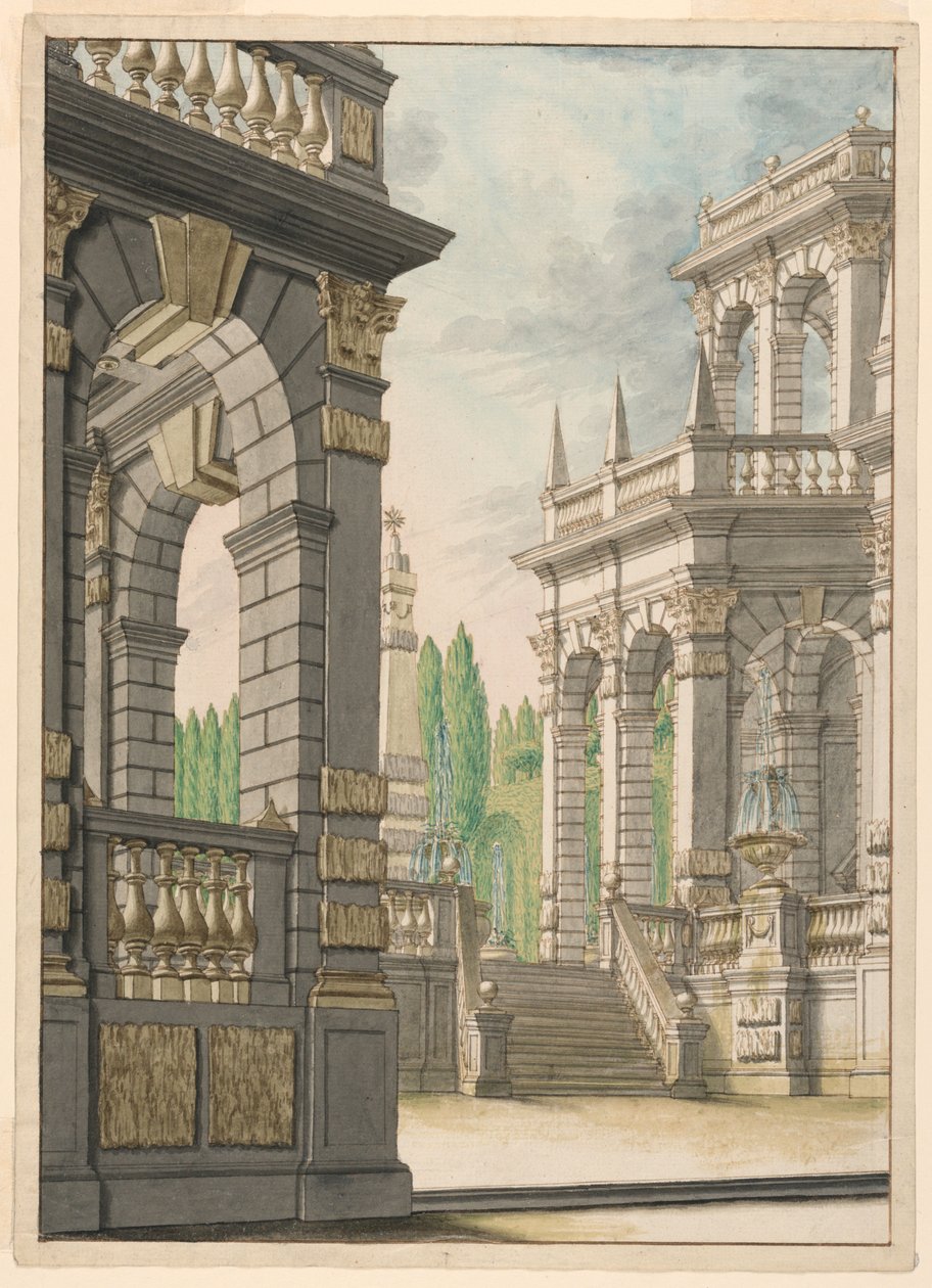 Bühnenbild: Villa mit Obelisk und Albani-Wappen von Unknown artist