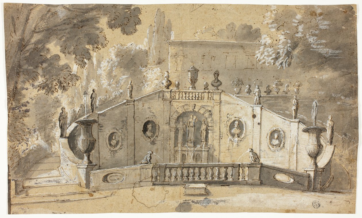 Treppe und Brunnen (recto); Sitzender männlicher Akt im Profil nach links, nach oben blickend (verso) von Unknown artist