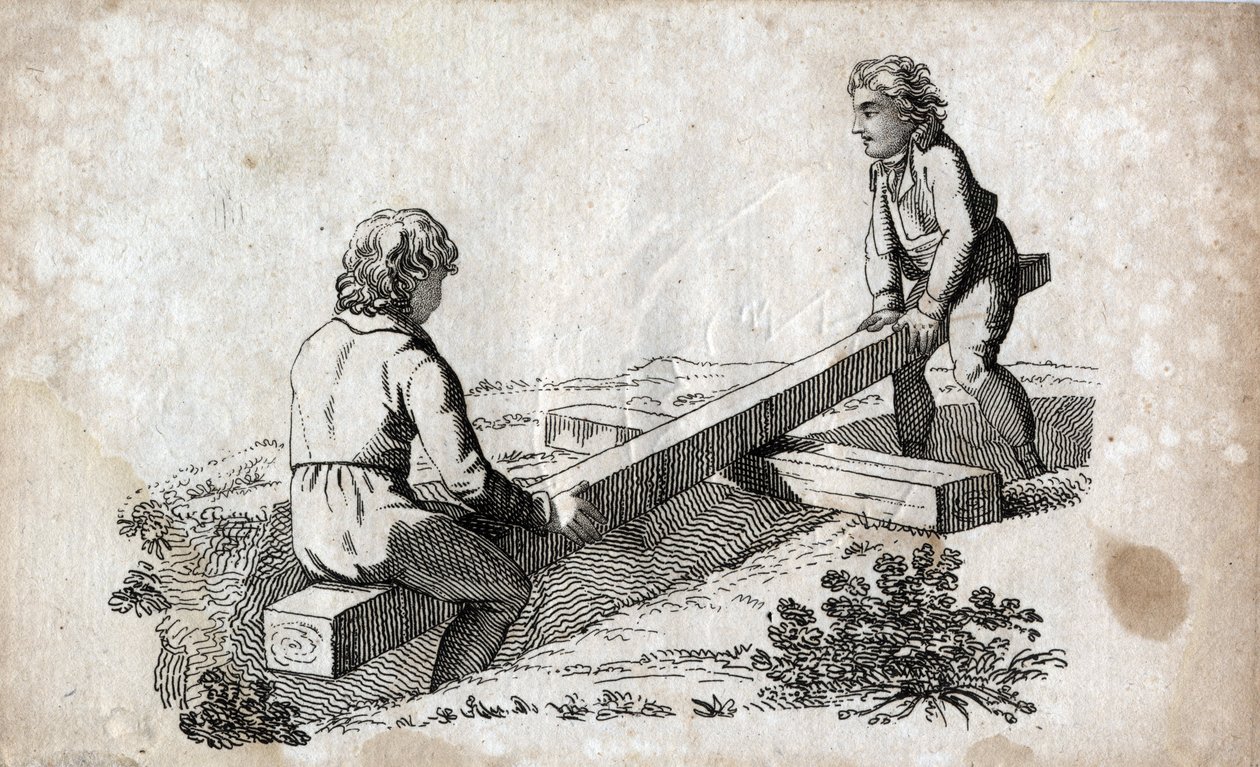 Schaukel: zwei Kinder auf einem Buttenband. Gravur aus dem späten 18. Jahrhundert. Private Sammlung. von Unknown artist