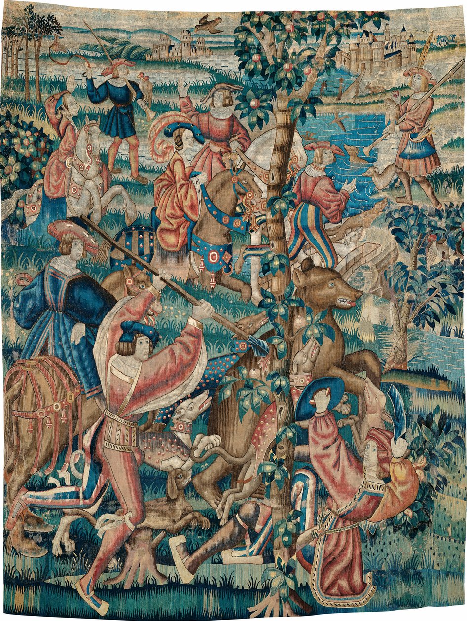 Wandteppich (Bärenjagd und Falknerei aus einer Jagdserie) von Unknown artist