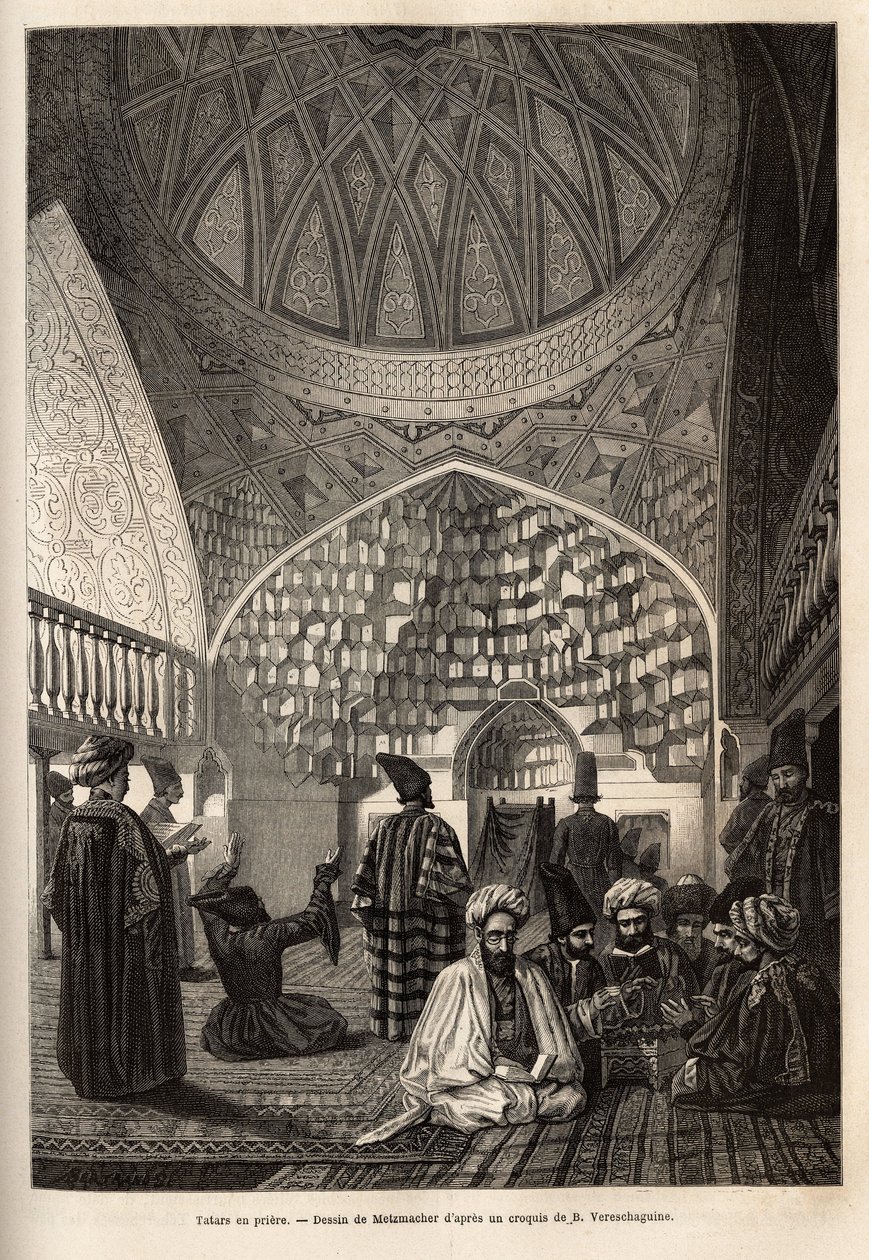 Tataren beim Gebet, in der Moschee von Schusha (Transkaukasien, Russland). Gravur zur Illustration der Reise in die Provinzen des Kaukasus, von Basile Vereschaguine, 1864-1865, veröffentlicht in „le tour du monde“, unter der Leitung von Edouard Charton, Ha von Unknown artist
